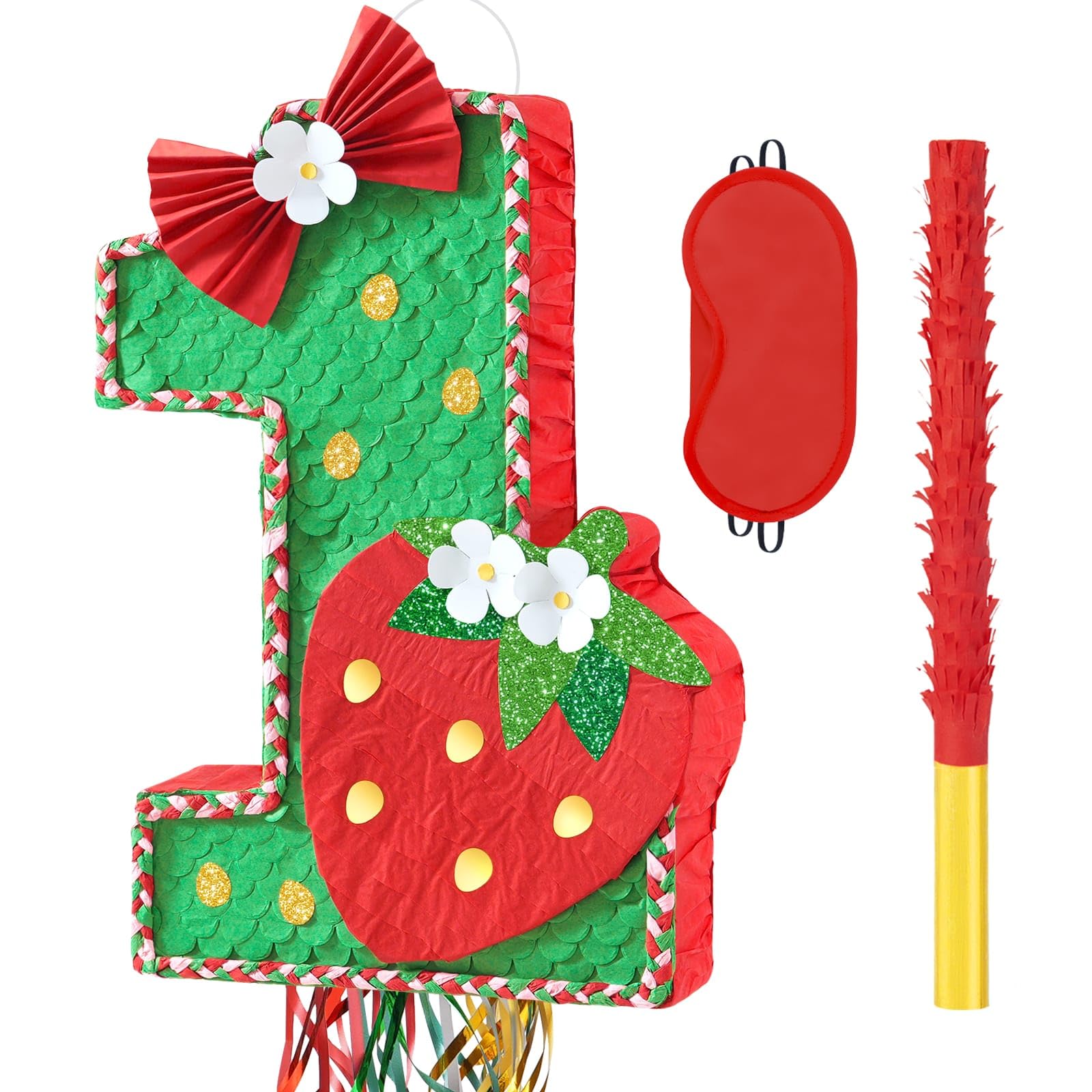 WERNNSAI Berry First Piñata - Sweet One Birthday Party Decorations Strawberry Party Game Number 1 Piñata for Baby Shower Theme Party Favor With Blindfold — image 1