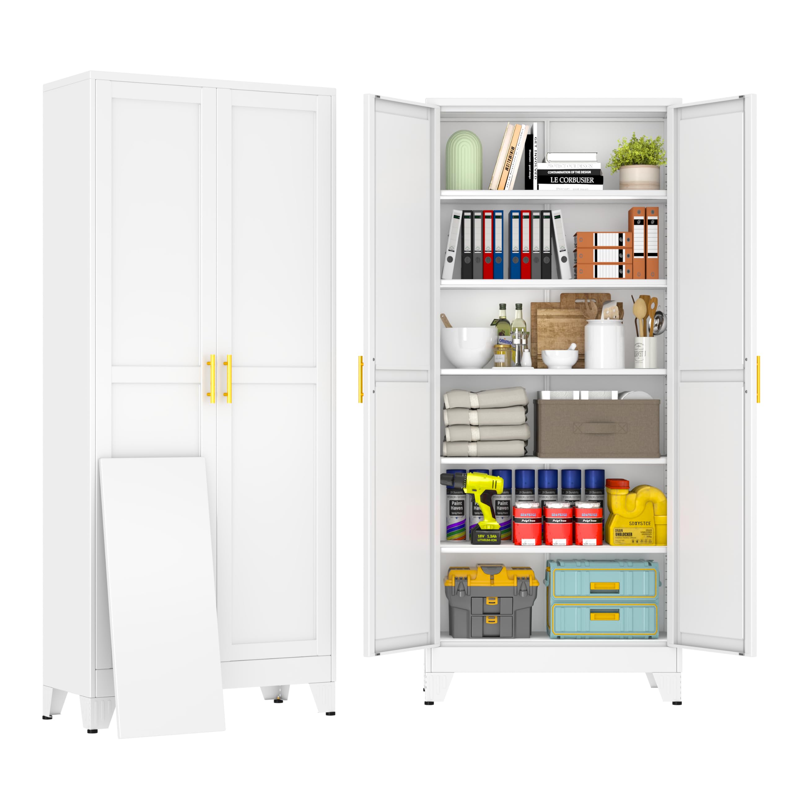 75" White Metal Storage Cabinet with 2 Doors and 5 Adjustable Shelves,Steel Garage Tool Cabinet, File Cabinet,Kitchen Pantry Cabinet for Home,Office,Garage,School,Warehouse