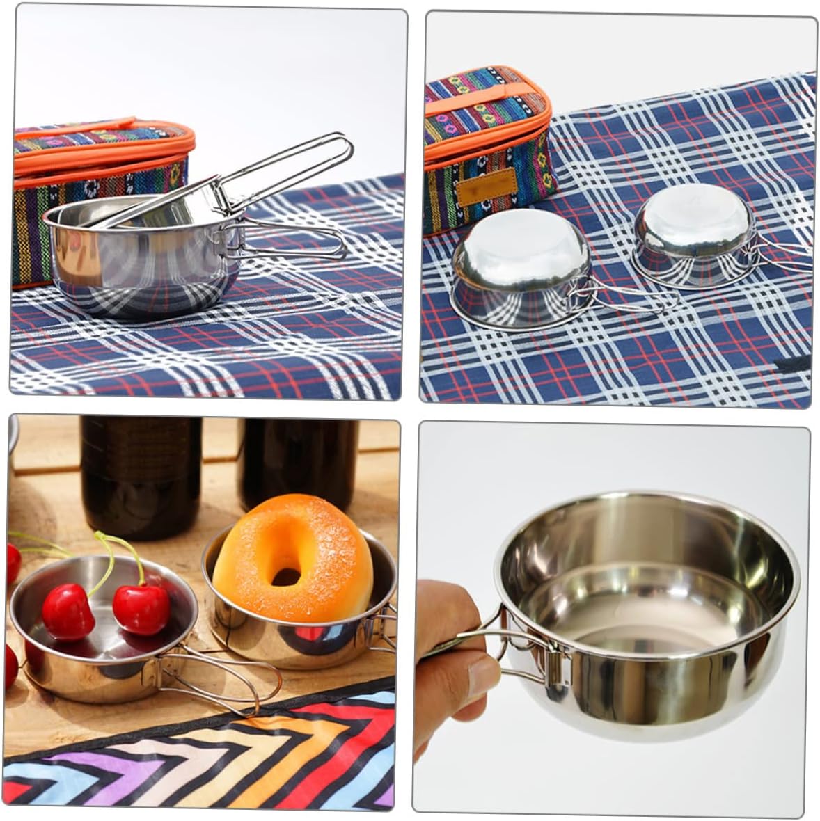 KOMBIUDA 1set Stainless Steel Outdoor Camping Bowls with Folding Handle Portable Travel Tableware for Hiking Picnics and Barbecues Lightweight and Compact Cookware