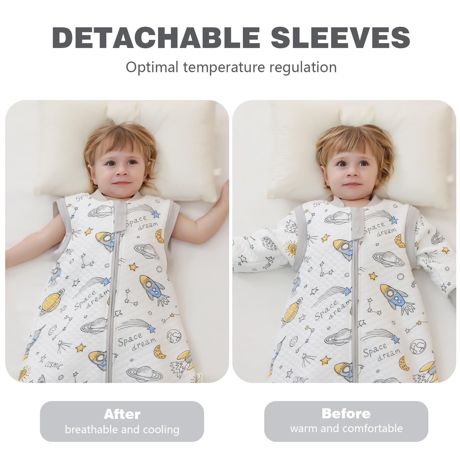MIKAFEN Sacco nanna con piedi bambini 2.0 Tog, Sacco nanna in100% cotone, per tutto l'anno con maniche rimovibili, Veicolo Spaziale 4-5 anni