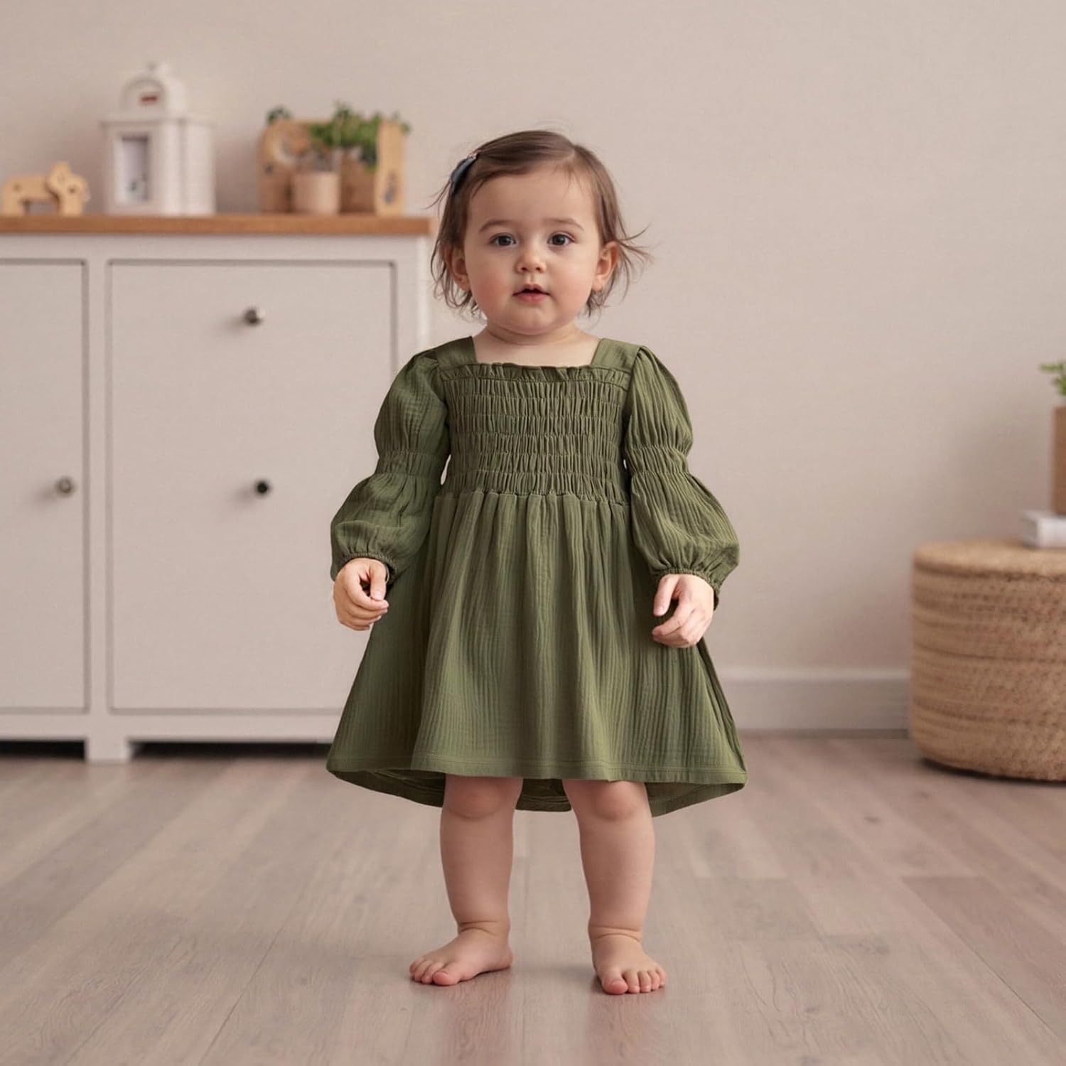 Toddler Girl Smocked Dress Lantern Long Sleeve Solid Color Casual A Line Little Girl Dresses Fall Winter Clothes - Image 5