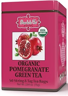 Brew La La Organic Green Tea - Pomegranate Flavor - 50 Tea Bag Tin - Low Caffeine - USDA Certified Organic