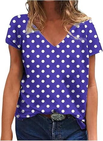 Womens T Shirts Summer Short Sleeve Tops Casual V-Neck Pullover Trendy Polka Dot Tees Ladies Tunic Shirt