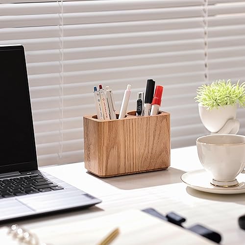 Miniatura 2 de Soporte para bolígrafo y lápices de madera maciza de roble para escritorio, organizador de papelería de oficina, soporte para vasos de mesa, soporte