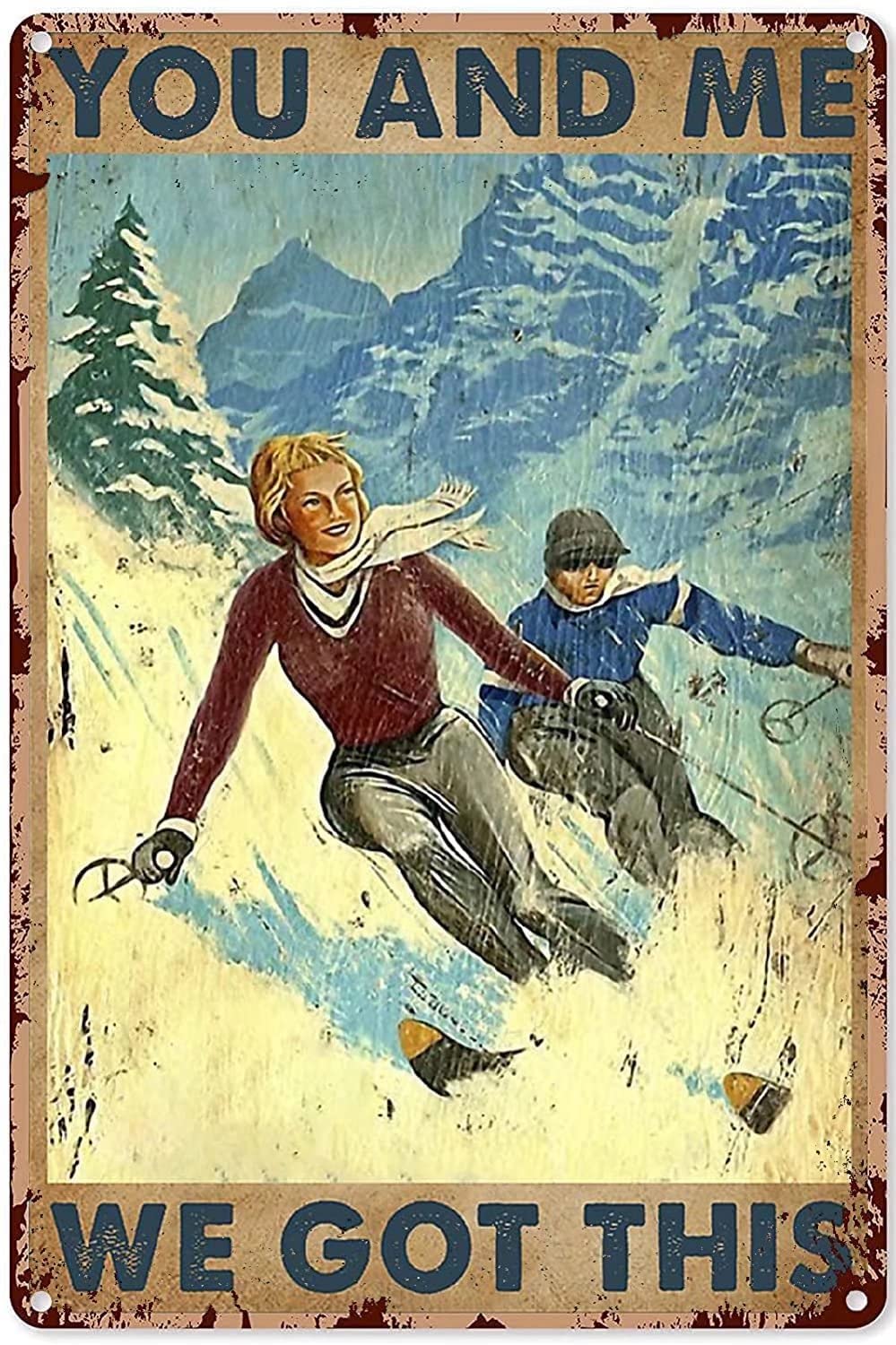 Tin Sign Tandem Ski Nostalgic Tin Signs Funny Poster Art Wall Decor for Pub Bar Vintage Wall Stickers 8x12 Inch
