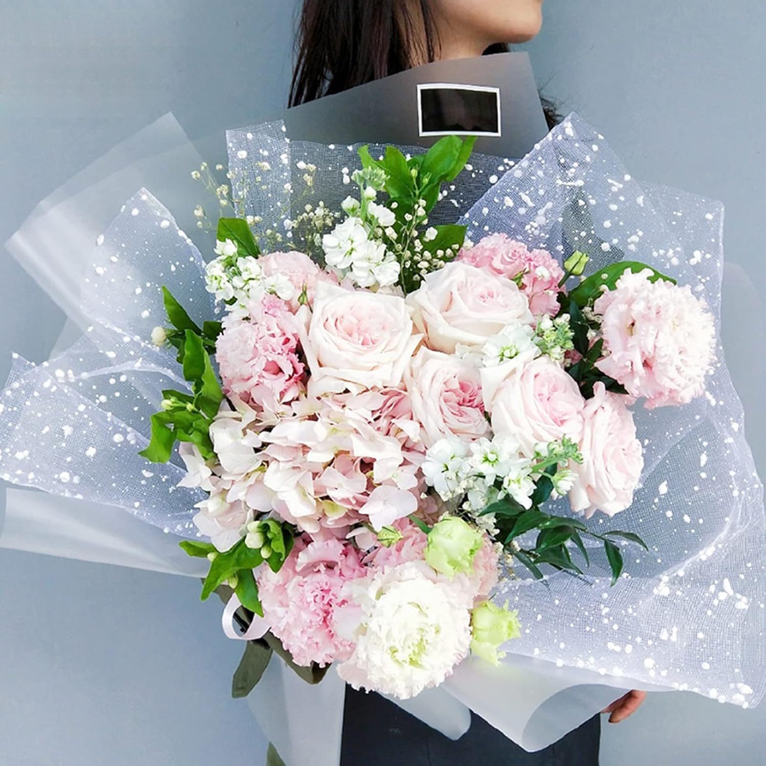 1Roll Flower Wrapping Mesh Paper Snow Dot Yarn Floral Bouquet Gift Packaging Paper Craft Net Paper Florist Supplies for Wedding Mothers Day Valentines Day 19.7inch x 4Yard (White)