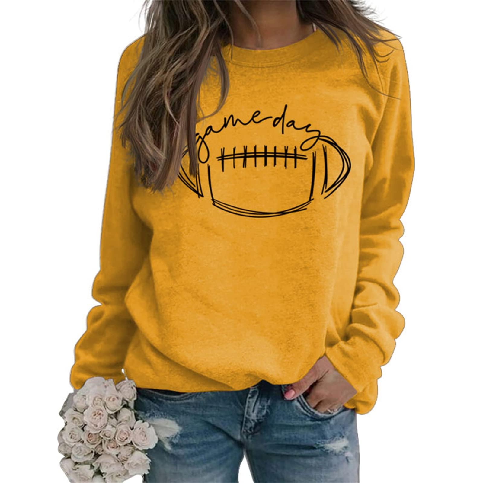 HAN YUANWomens Game Day Sweatshirt Football Graphic Print Pullover Long Sleeve Crewneck Casual Tops