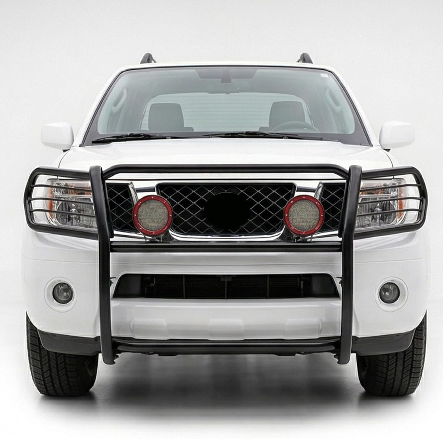 Black Horse Grille Brush Bumper Guard Modular Black Come with Pair of 5.3" Dia.LED Lights with Red Trim Rings Compatible with 2005-2021 Nissan Frontier|2005-2007 Nissan Pathfinder-17A110200MA-PLFR