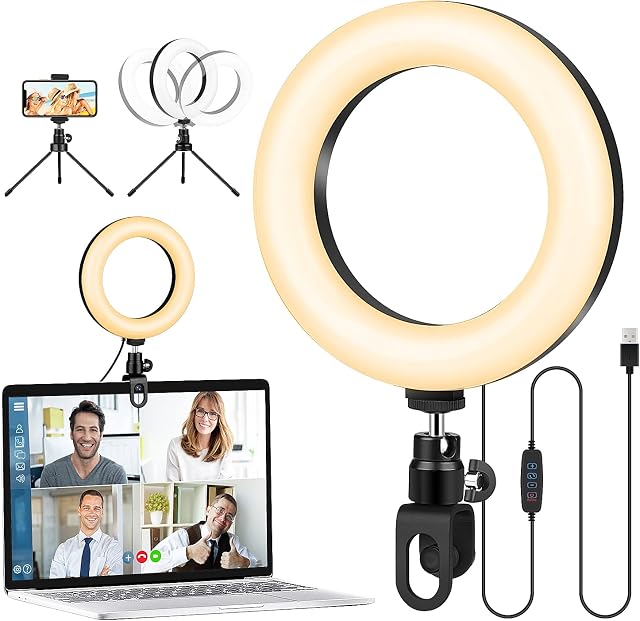 GerTong 6.3'' Laptop Selfie Ring Light with Stand, Mini Desktop LED Lamp with Dimmable 3 Modes 10 Brightness Level for Makeup YouTube Video Photography, Extra Phone Holder Compatible with Smartphone