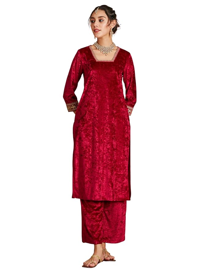 Women's Velvet Floral Embroidered Straight Kurta | Round Neck Three-Quarter Sleeve Calf Length Kurti with Thread Work