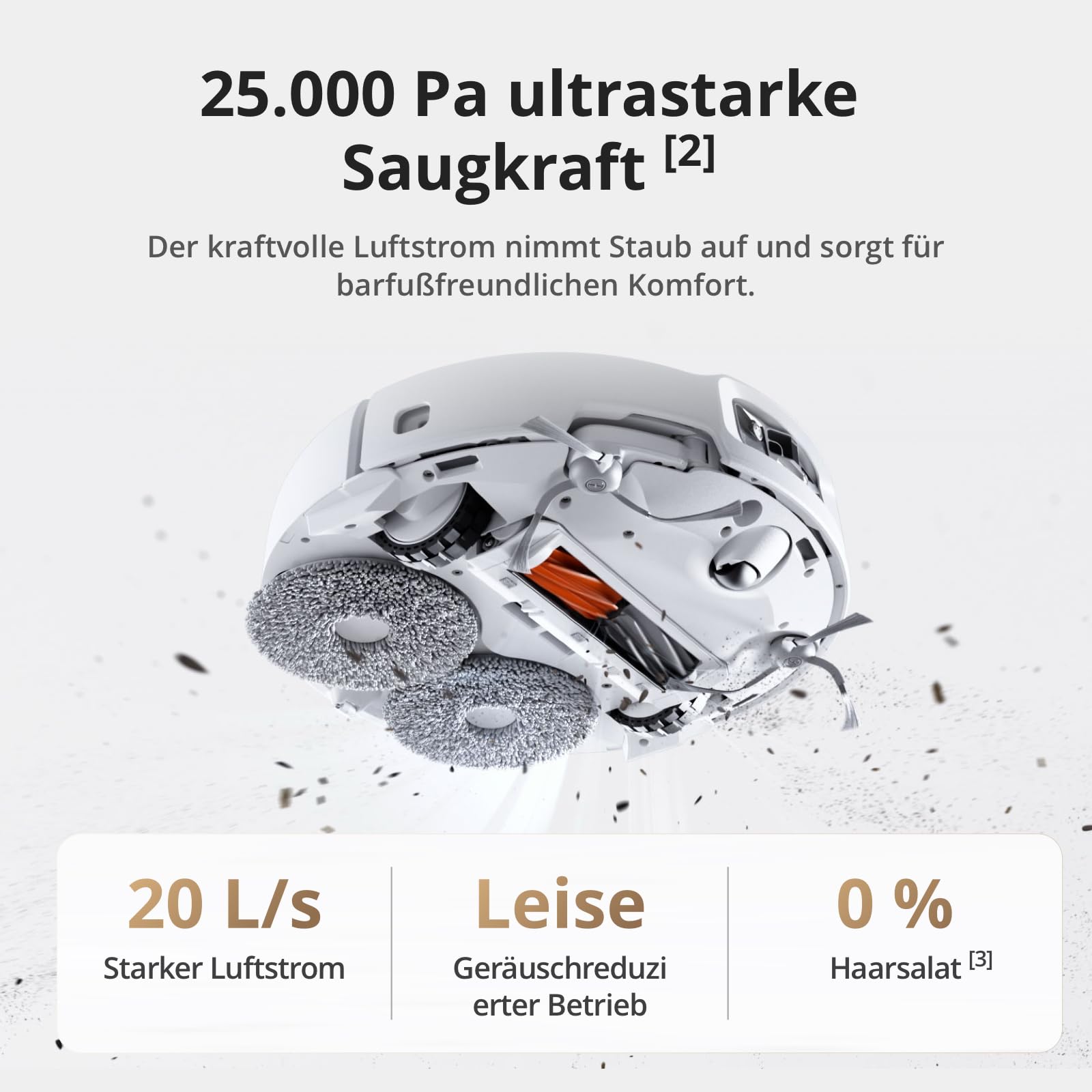 DJI ROMO S Saugroboter mit Wischfunktion, 25.000 Pa Saugkraft, Hinderniserkennung auf Drohnen-Niveau, Anti-Verwicklungsbürste, Selbstreinigende Basisstation, 200 Tage wartungsfrei, Weiß