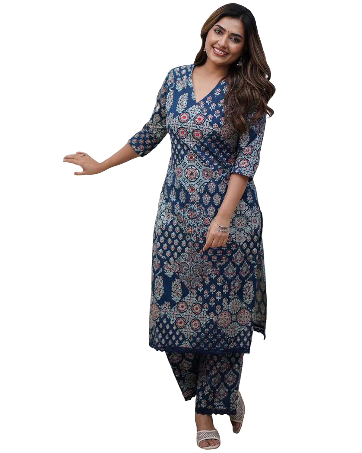 ANNI DESIGNER Women’s Cotton Blend Kurta Set for Women – Hand Block Print 2-Piece Co-ord Set with Pant | Stylish Cord Set | Party Wear Dress | Kurti Set | Coord Set for Women Cotton