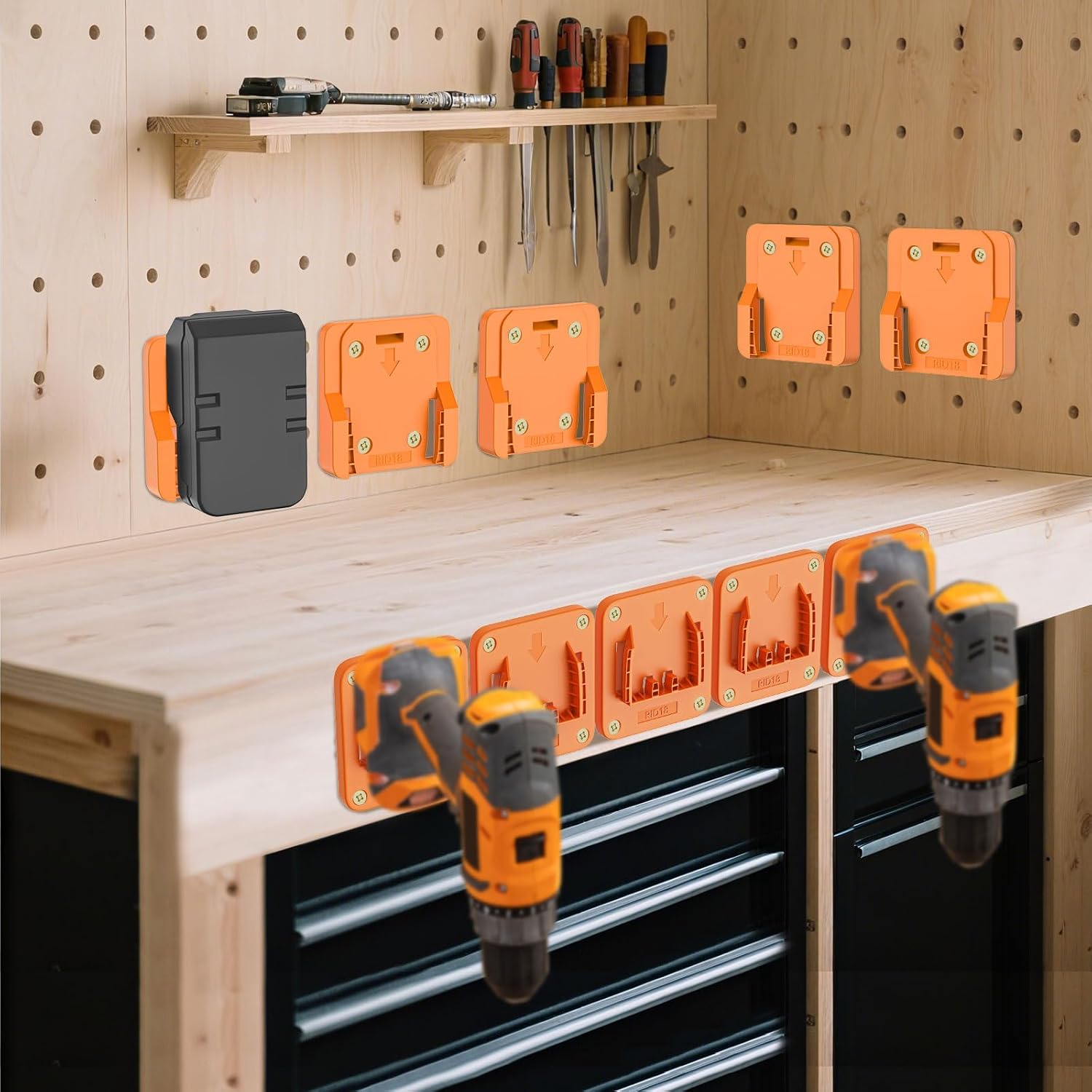 Crivnhar 10 Packs Tool Holder and Battery Mount Holder Compatible for RIDGID 18V, 5 Pack Battery Mounts Rack Fit for 18V Batteries, 5 Pack Drill Tool Hangers Storage Organizer(w/40 Screws)