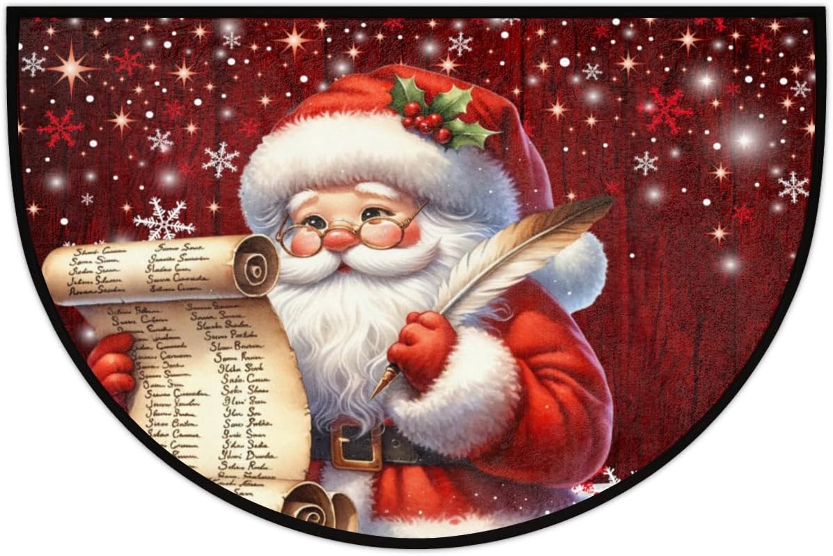 Christmas Non-Slip Soft Half Round Door Mat, Merry Christmas Santa Claus Snowflakes Semicircle Mat for Indoor Entrance Garage Bath Living Room Patio 24 x 36 in