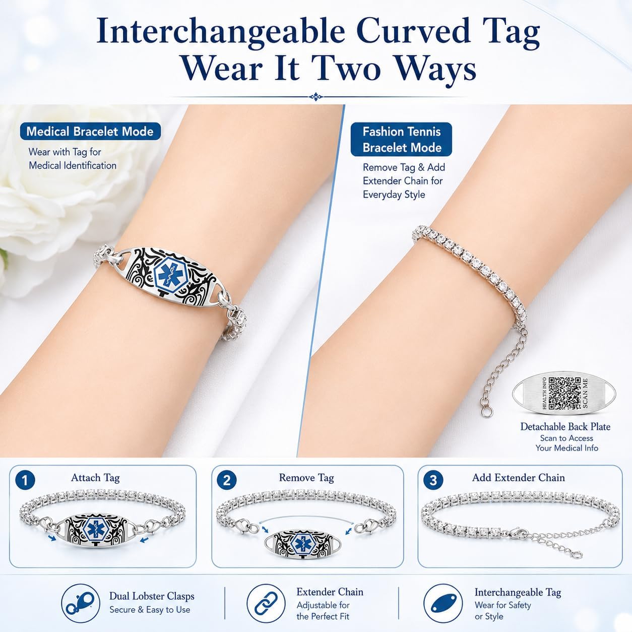 Dynamic QR Code Medical Alert Tennis Bracelet - Rhinestone Inlaid, Interchangeable Tag, Dual Lobster Clasps & Extender, Scan to Update Health/Allergy/Emergency Info, Fashion Medical ID Bracelet