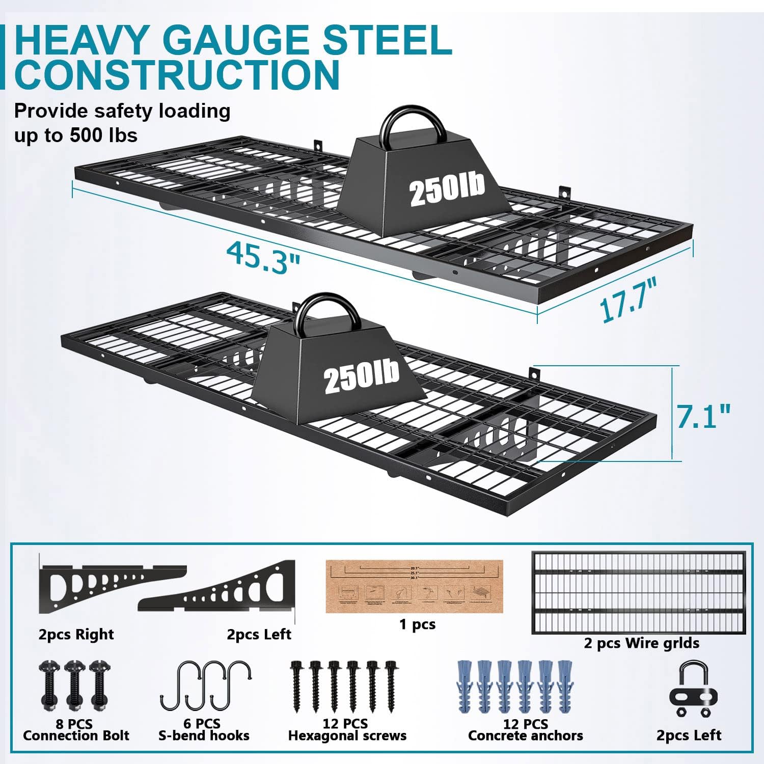 Dtrik Garage Storage Shelving Wall Mounted, 2 Pack 1.5x3.8ft, Loads 500 lbs Heavy Duty Sturdy Shelves, Strong Garage Organiser, Storage Racks Units, Black Metal Floating Adjustable Wall System Shelf : Home & Kitchen