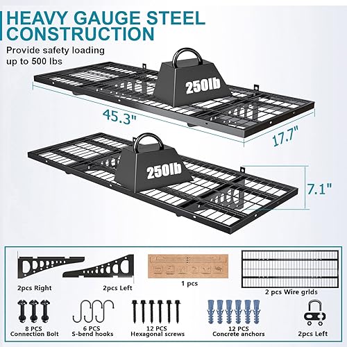 Miniatura 2 de Paquete de 2 estantes de pared de garaje de 1.5 x 3.8 pies (18 x 45.6 pulgadas), capacidad de carga de 500 libras, estantes montados en la pared de
