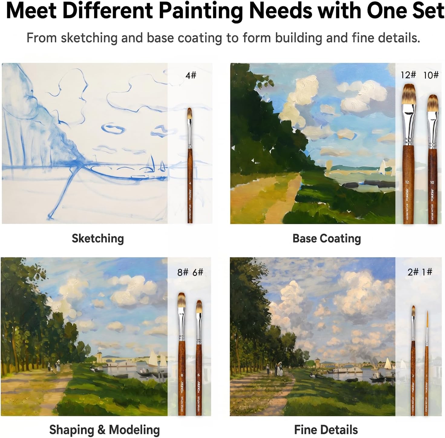 Marie's 7 Pcs Artist Paint Brush Set, Synthetic Nylon Brushes with Filbert and Liner Tips, Wood Handle Painting Brushes for Acrylic, Gouache, Oil, Practice and Professional Artwork