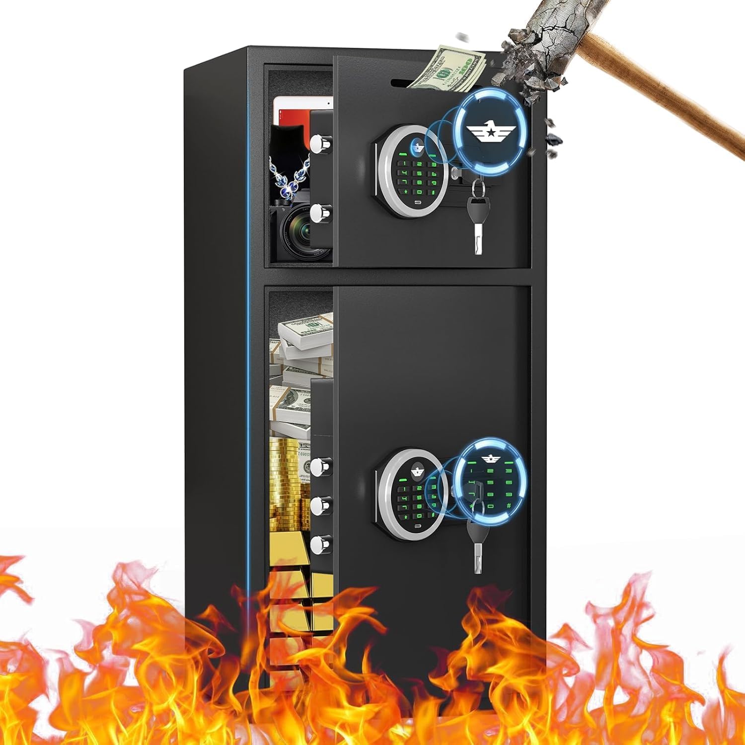 Large Double Door Safe Box Fireproof Waterproof, 6.0 Cu ft Security Safe with LED Light and Dual Alarm System, Home Safes Digital Keypad and Mute Function, Security Lock Box for Money and Valuables