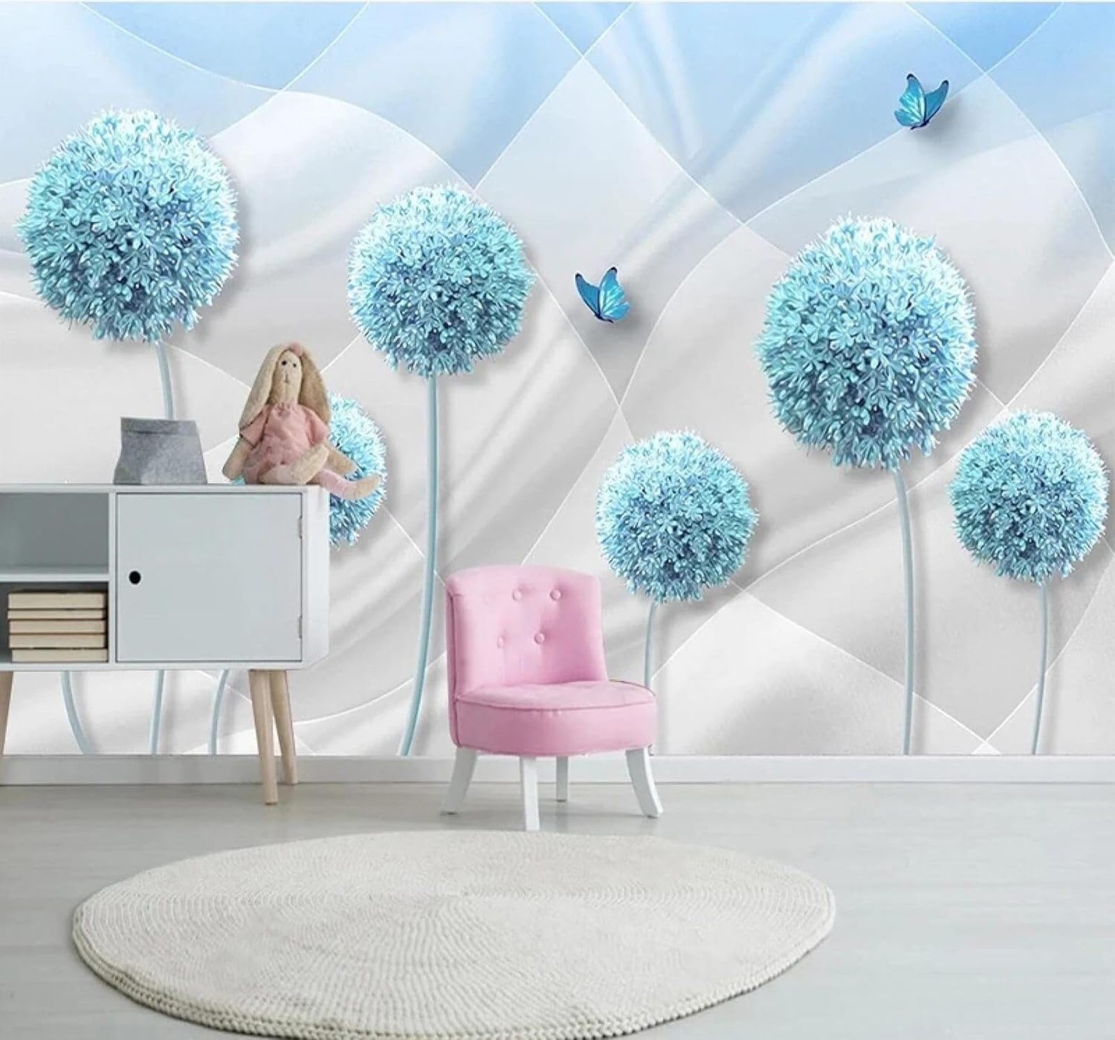 XLMING Abstract Blue Dandelion Butterfly Art 3D Wallpaper Luxury Home Dining Decor Paste Sofa Living Room The Wall for Bedroom Mural-400cm×280cm