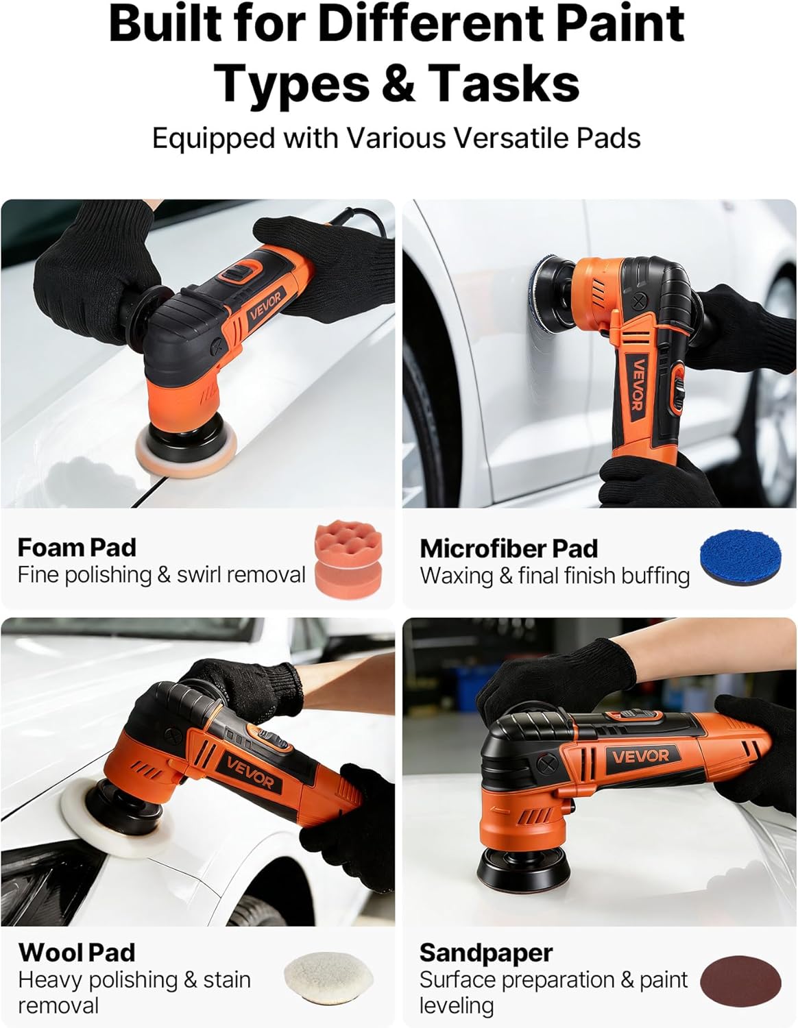 VEVOR Car Buffer Polisher, 1.2"/2"/3" Rotary Polisher Buffer, 600W 6 Variable Speeds 1000-4500RPM Car Polisher Waxer Kit for Cars Detailing, Waxing, Polishing, Scratch Removal