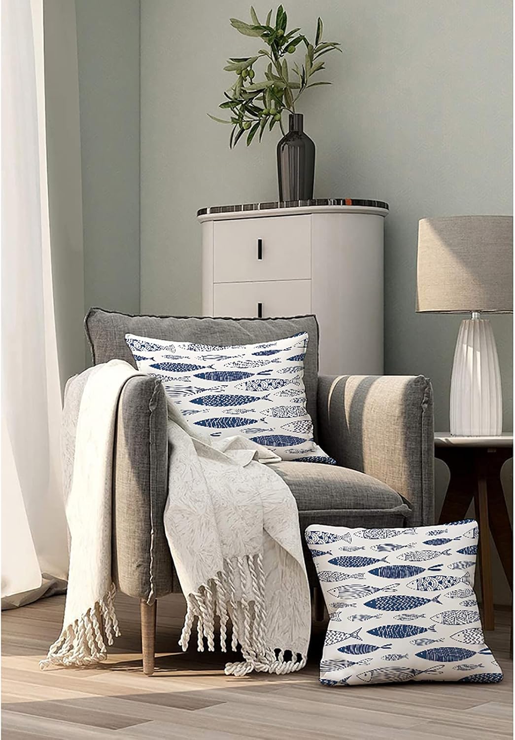 Throw Pillow Covers for Couch Ornamental Fish Bed Or Sofa Pillows Case Blue Doodle Cute Sea Sketch Ornate Aquatic Cartoon Fashion Wildlife Decorative Square Linen Cushion Covers 18"X18" - Image 3