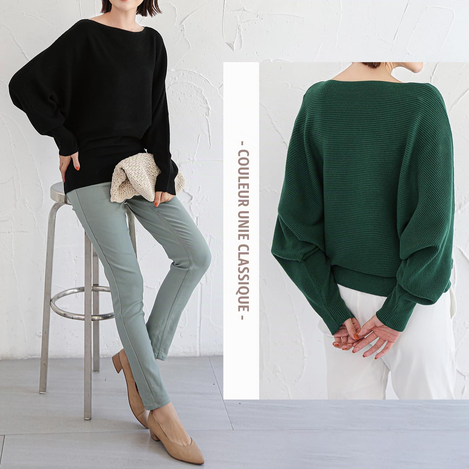 Qin Derdom Pull Chauve-Souris pour Femme - Pull Côtelé Ample Taille Unique avec Col Bateau, Pull Surdimensionné avec Manches Longues Dolman