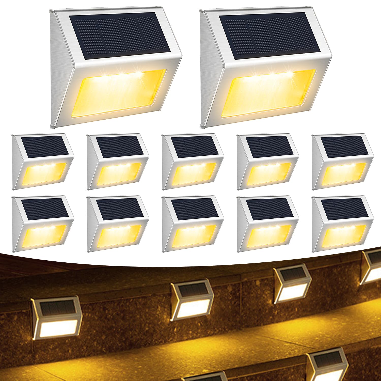 QINGYA 12 Pack Solar Step Lights for Outside, Solar Stair Lights Waterproof IP 65, Led Outdoor Deck Lights,Solar Lights for Garden Stair Patio Deck Yard Front Step Front Porch,Warm White