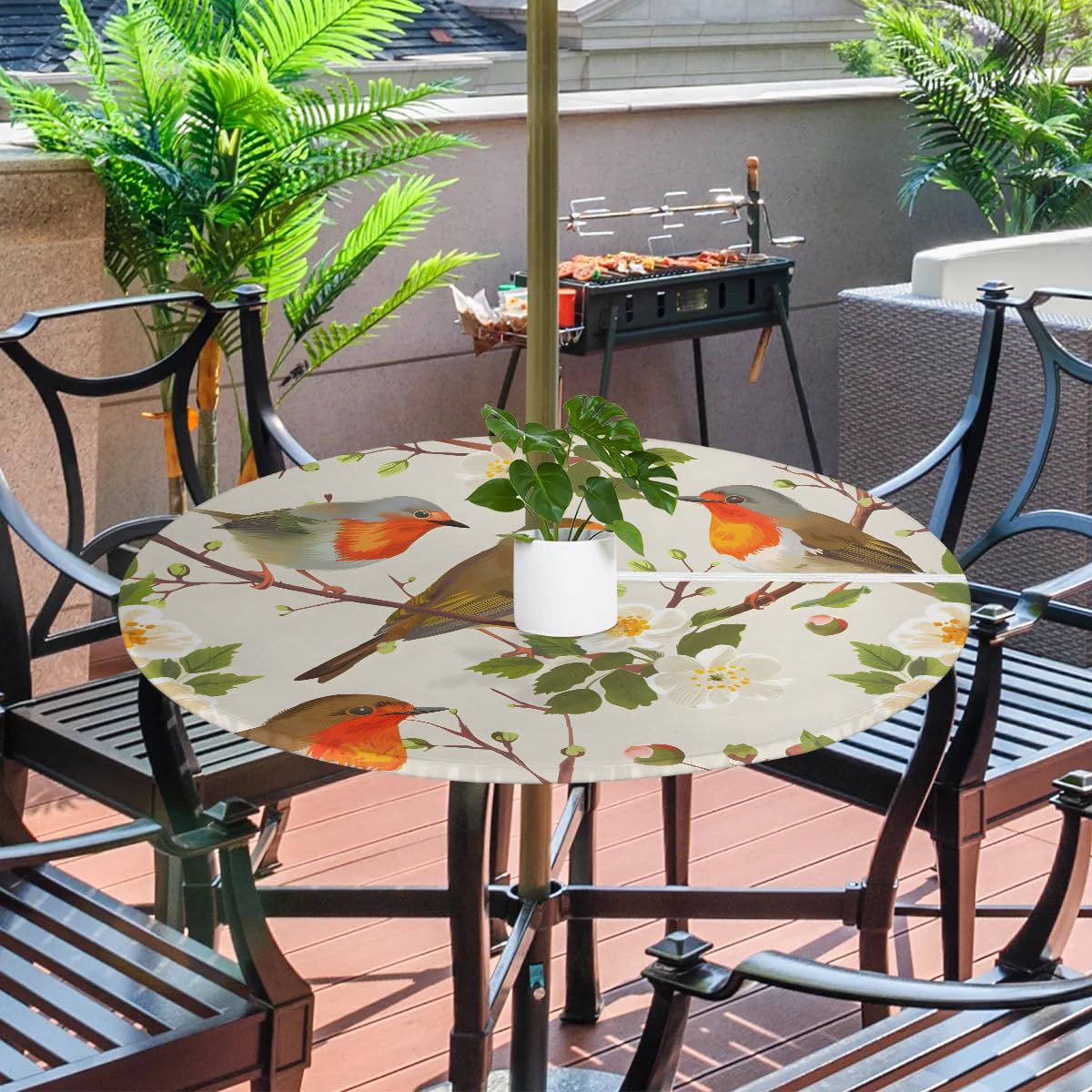 Tablerazzi Bird Round Outdoor Tablecloth with Umbrella Hole and Zipper Floral Bird Fitted Tablecloth Wipeable Table Cloth for Picnic Garden, 36''-44''