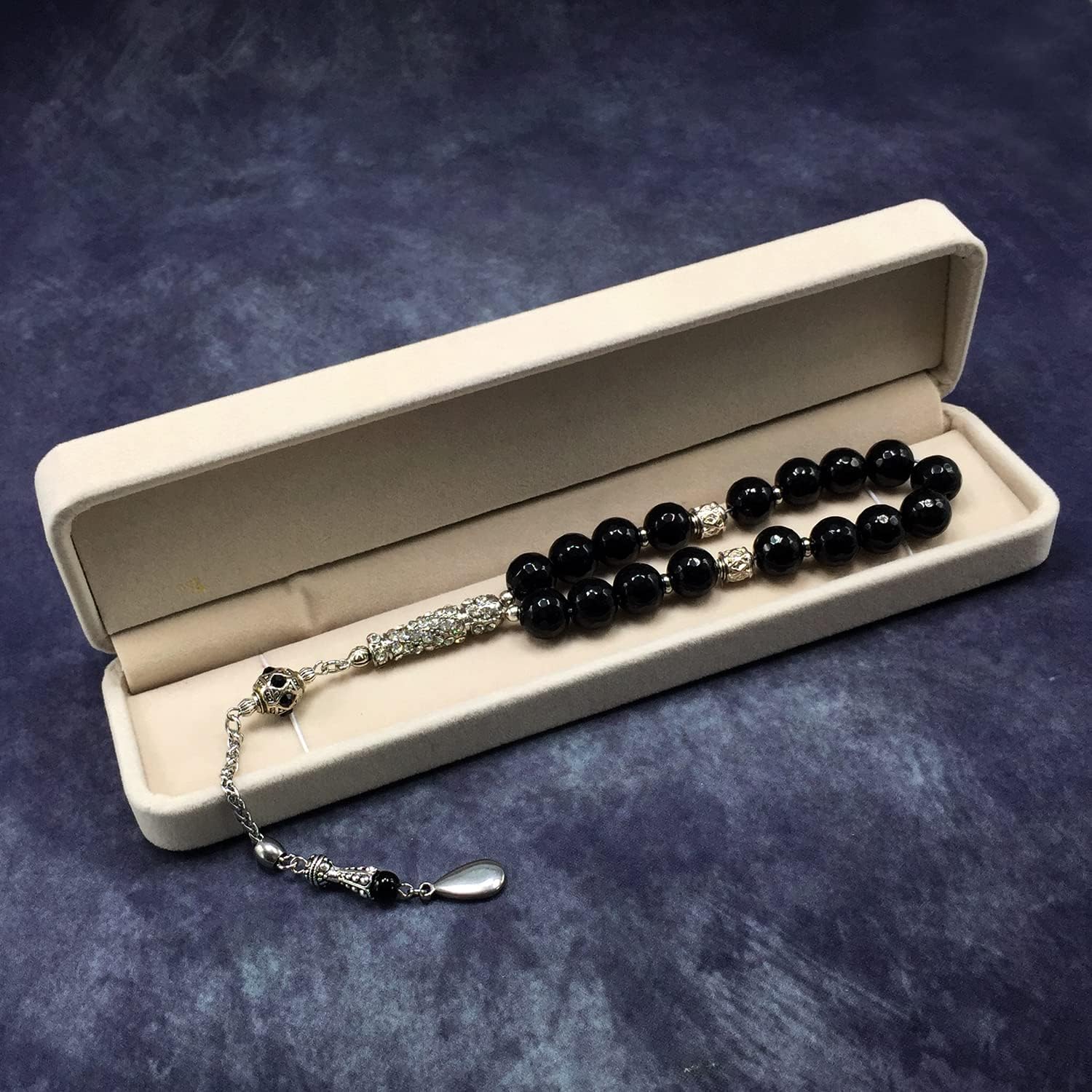 Relaxing Stress Relief Big Prayer and Worry Beads, EFE Tesbih, Maskot Tesbih, Tasbih, Rosary (12 mm-17 Black Agate Natural Faceted Stone Beads)