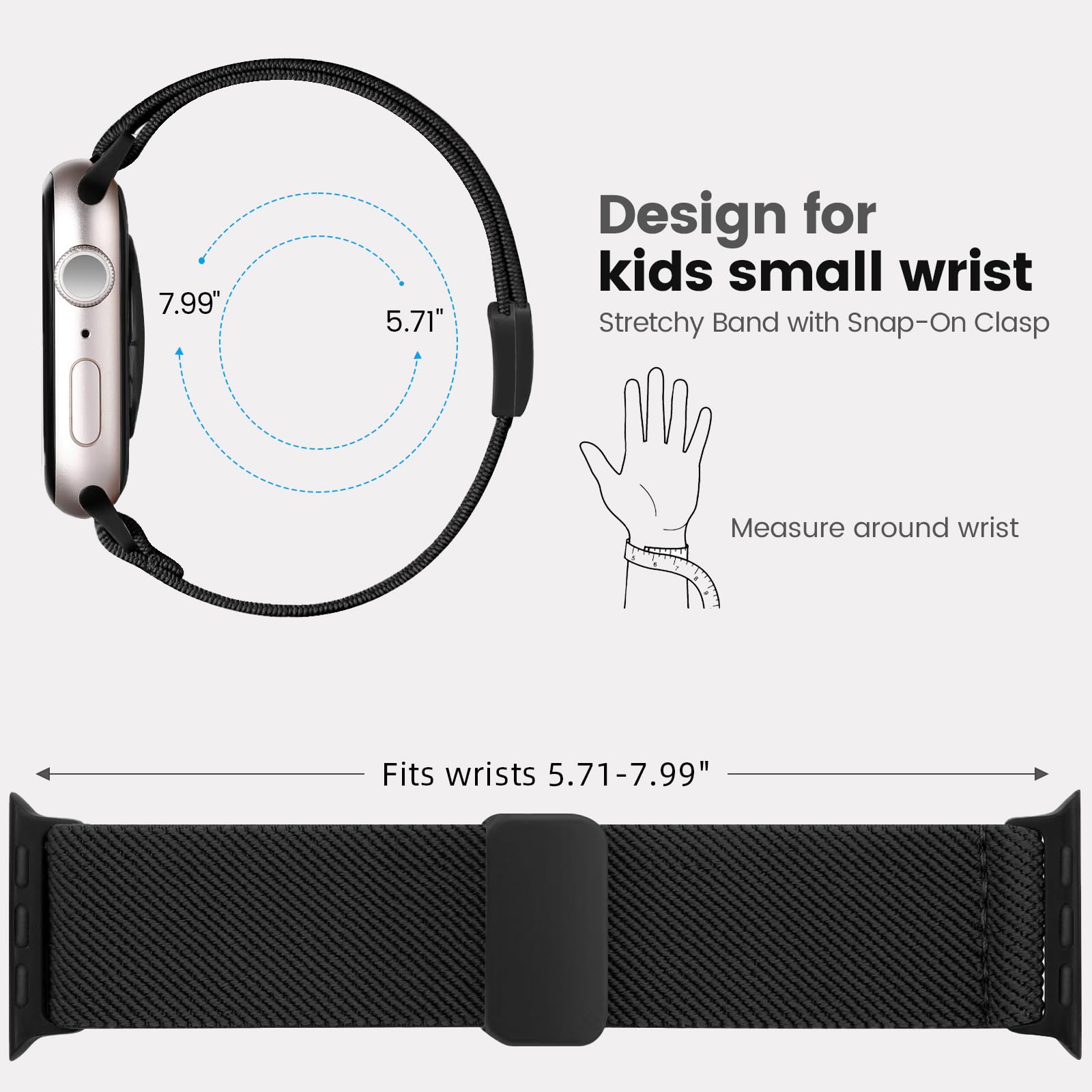 Bracelet extensible compatible avec Apple Watch pour enfants, bracelet en nylon tressé souple avec fermoir à clipser réglable pour iWatch Series 9 8 7 6 5 4 3 2 1 SE