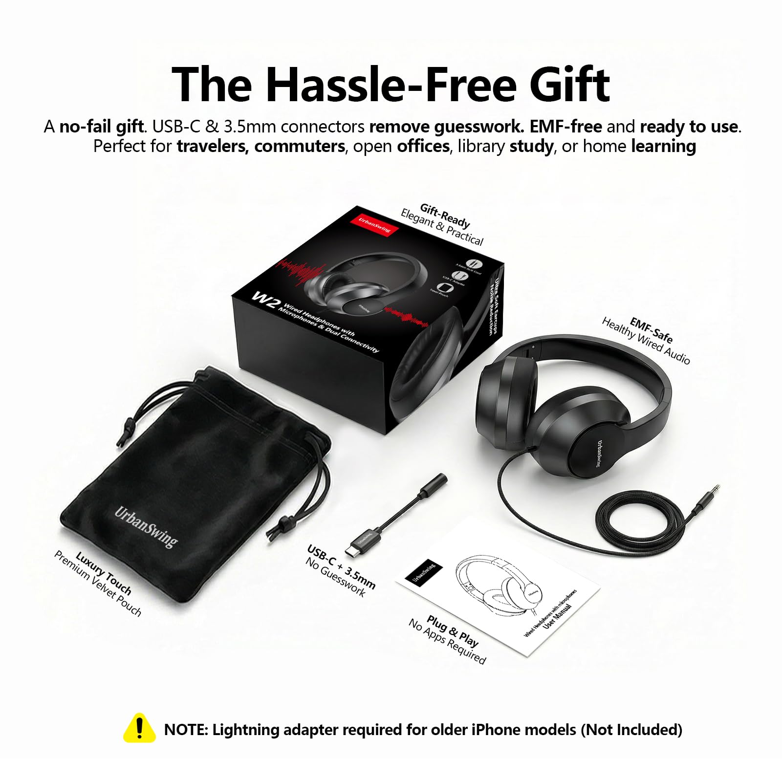 URBAN SWING W2 Słuchawki USB C, przewodowe nauszne, adapter AUX Plus USB-C 3,5 mm, przewodowy zestaw słuchawkowy z mikrofonem, wytrzymały, bardzo długi kabel o długości 1,5 m, do konsol do gier