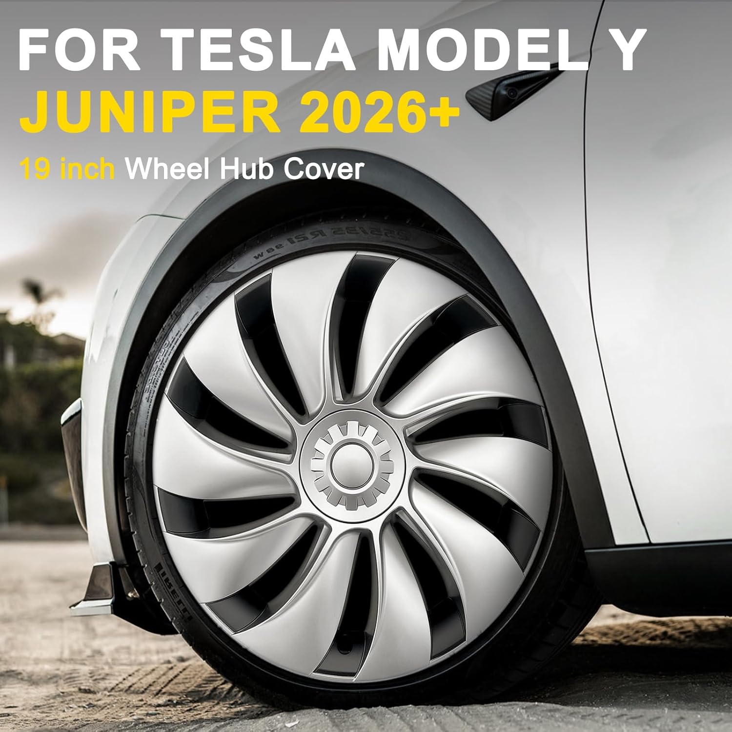 Hubcaps for Tesla Model Y Juniper 2026, 19 Inch Matte Black Wheel Covers with Center Caps,Rim Protectors, Easy Clip-On Installation, for Model Y Juniper Accessories 2025 2026 (Black+Silver)