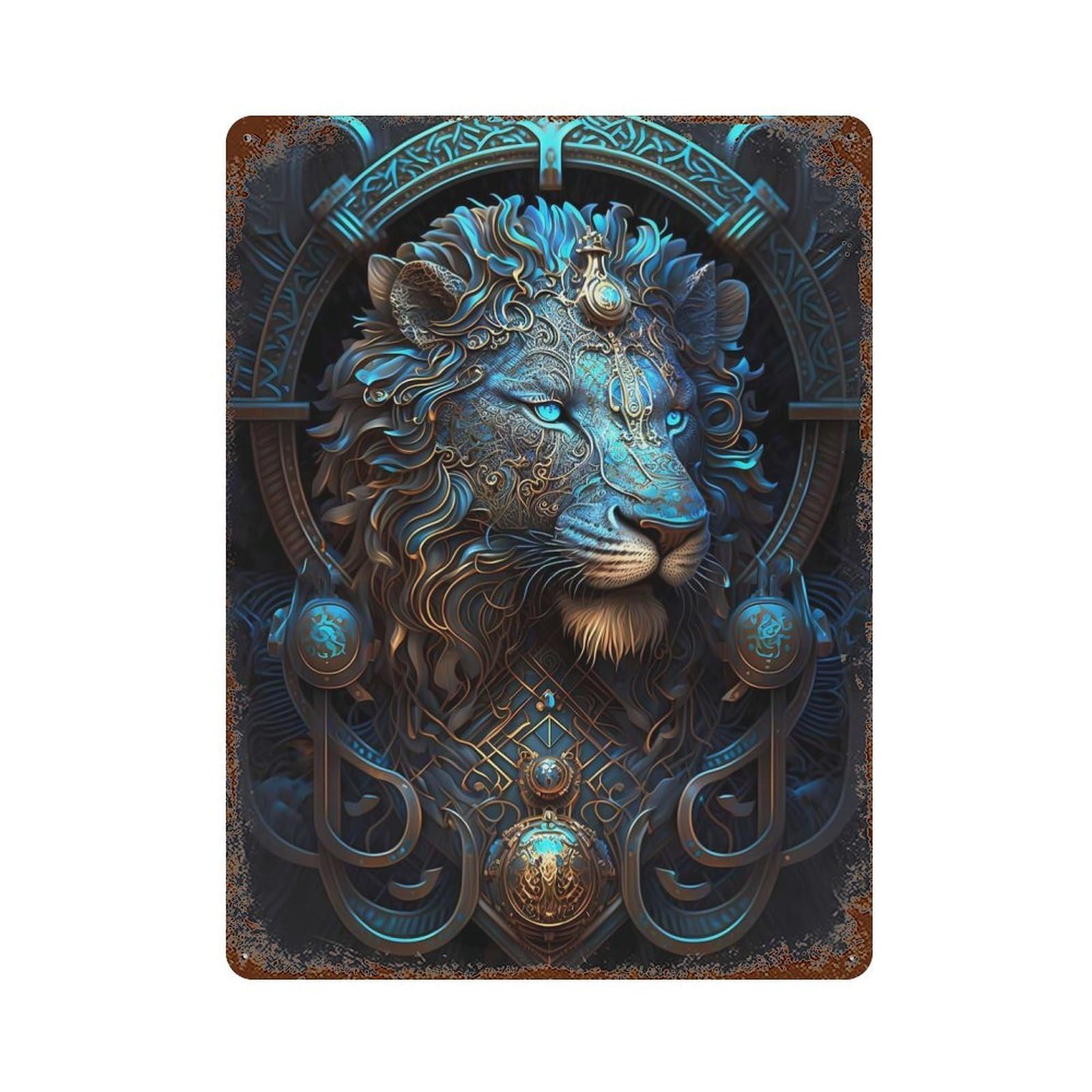 Mystical Cosmic Blue Lion Rust Effect Tin Sign 15.7"x11.8", Novelty Wall Decor for Patio, Garden Room And Bar Decor
