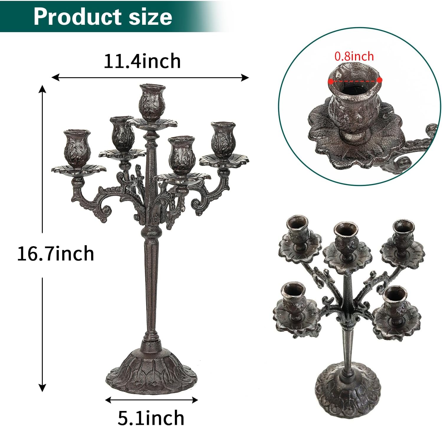 Sungmor Heavy Duty Cast Iron Candlestick Holders - Handcrafted Vintage Candelabra - 17Inch Tall & 5 Arms Candle Holders - Decorative Pillar Candle Stand for Christmas Birthday Wedding Home Party - Image 5