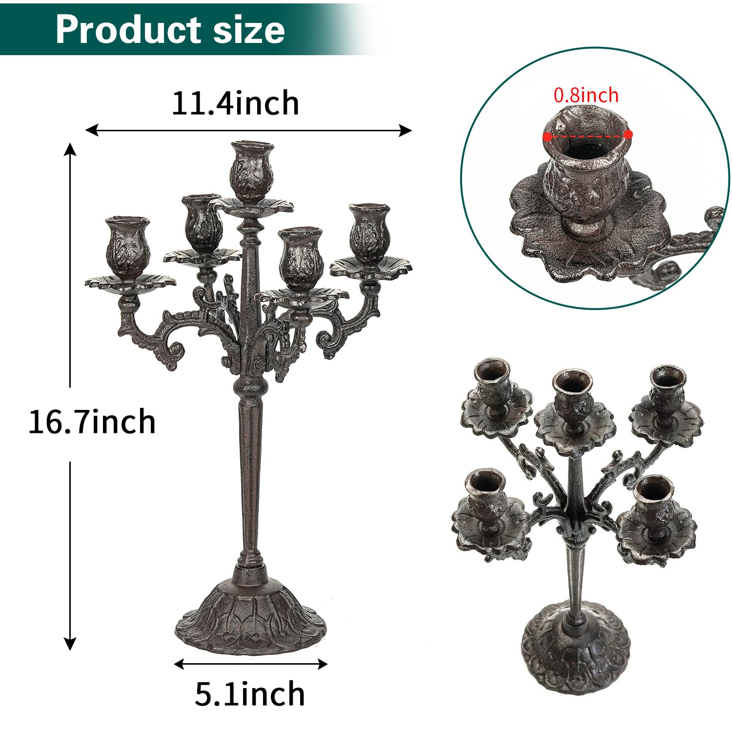Sungmor Wytrzymałe żeliwne świeczniki - ręcznie wykonane vintage kandelabr - 43 cm wysokości i 5 ramion świeczniki - dekoracyjny stojak na świeczki na Boże Narodzenie, urodziny, ślub, przyjęcie domowe