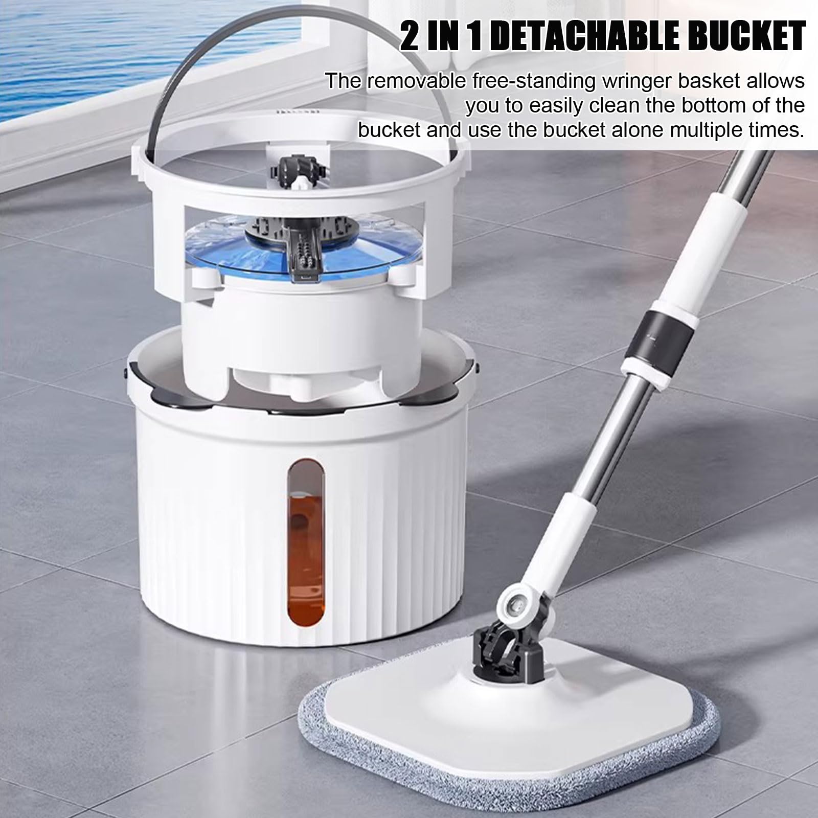 Este Juego de fregona giratoria y Cubo con escurridor y 3 Cabezales de Microfibra adicionales para la Limpieza de Suelos, diseño Resistente para Herramientas de Limpieza del hogar de Madera,