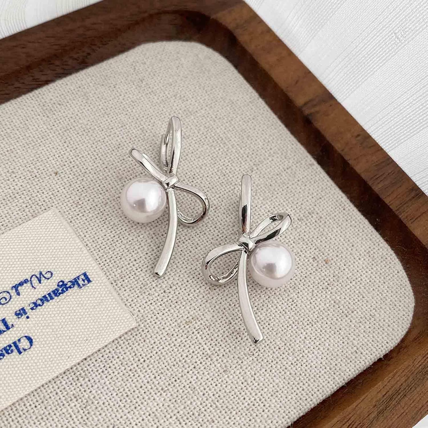 W WEILIRIAN Boho Pearl Hoop Drop Earrings Pearl Dangle Earrings Gold Bow Drop Earrings Vintage Pearl Bead Earrings Pearl Wedding Earrings Jewelry for Women and Girls Gifts - Image 4