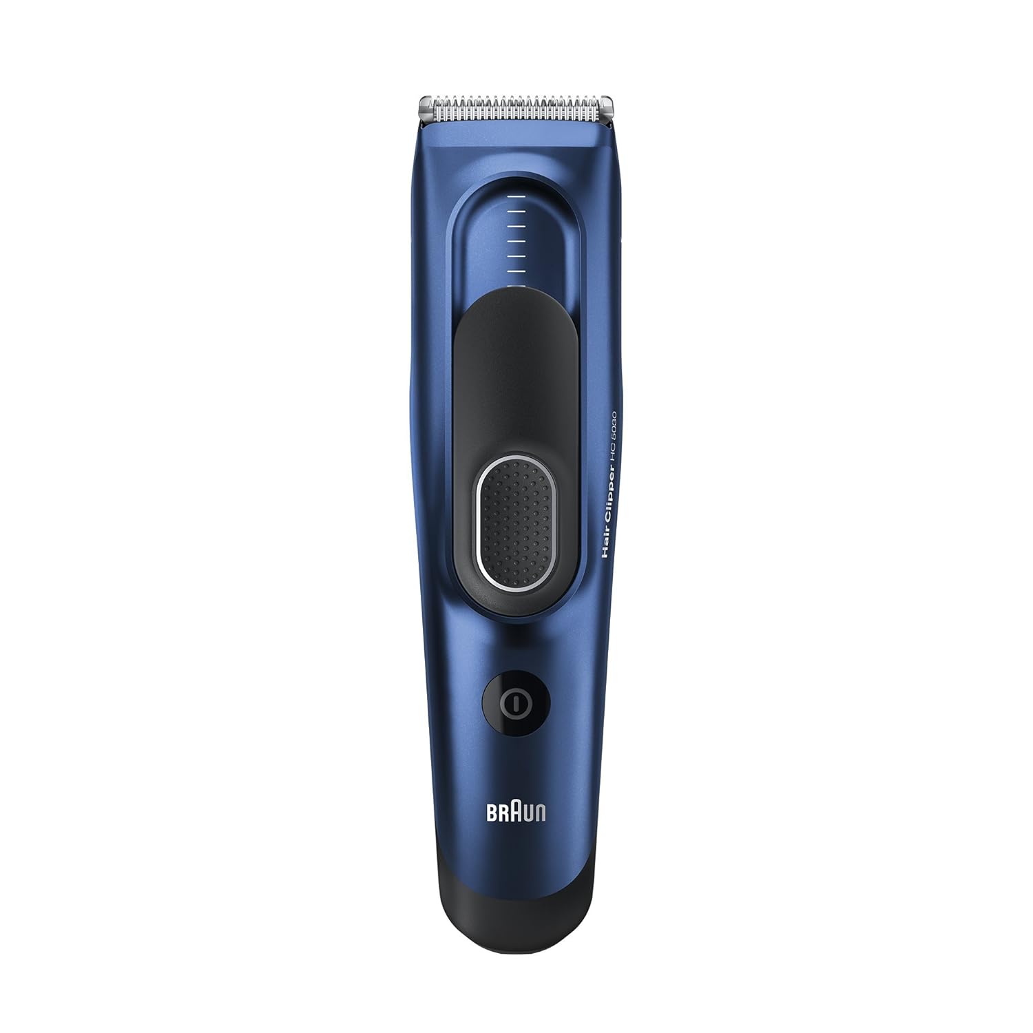 Front view of the Braun Hair Clipper HC5030, showing the blade, length indicator, power button, and brand logo.