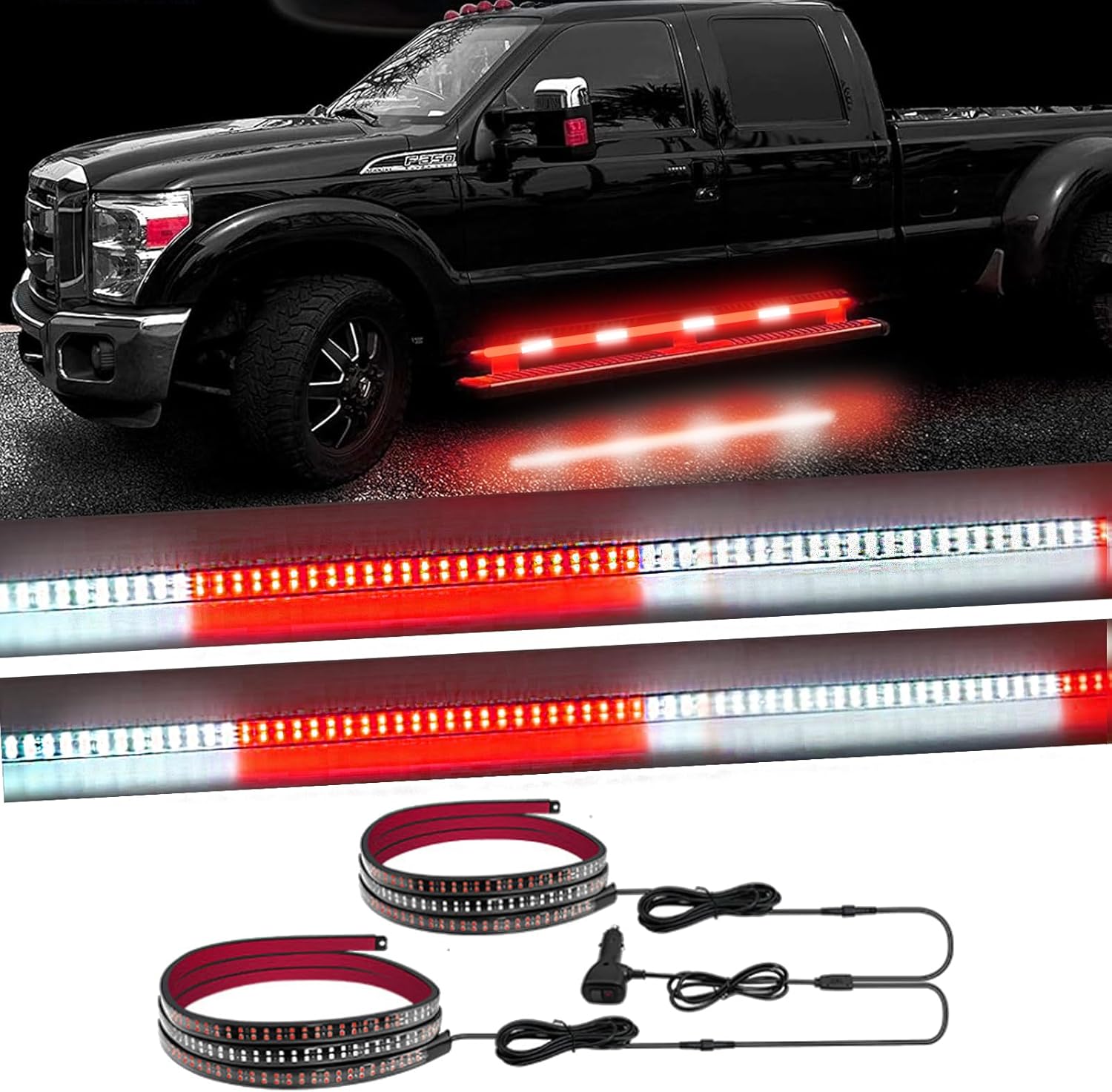 2Pcs 70in Red White Strobe Lights Strip for Trucks, 864 LED Warning Hazard Lights, 29 Functions Flashing Emergency Running Board Lights for Construction Vehicles Pickup SUV,Waterproof, DC12V