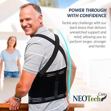 Neotech Care Back Support Belt with Braces for Work - Industrial Lifting Support, Elastic Compression, Hook & Loop Fastening (Black, Size XL)