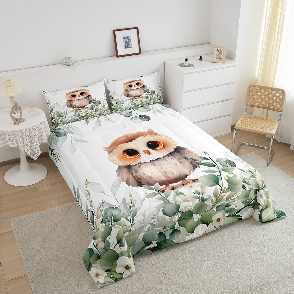 Erosebridal Kids Cute Animal Twin Bedding Sets for Girls Boys Cartoon Owl Comforter Set, Spring Eucalyptus Bedding Comforter Sets Watercolor Leaves Duvet Insert, Kawaii Jungle Animal Down Comforter