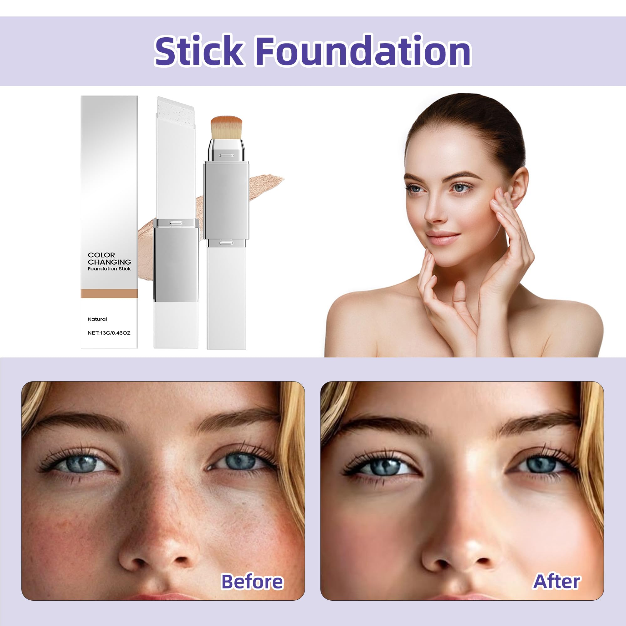 Color Changing Foundation Stick - 2-in-1 with Detachable Brush, Hydrating Concealer Base Makeup, Portable for Daily Use — view 6