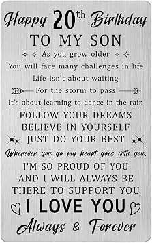 HYHYDHP 20th Birthday Decorations for Men - Son 20th Birthday Card, Happy 20 Year Old Bday Gifts for Son