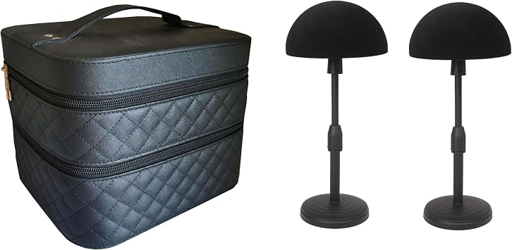 Deluxe Wig Travel Box or Makeup Case Compact Durable in Black and adjustable velvet styrofoam wig head sucton cup holder Wcase double