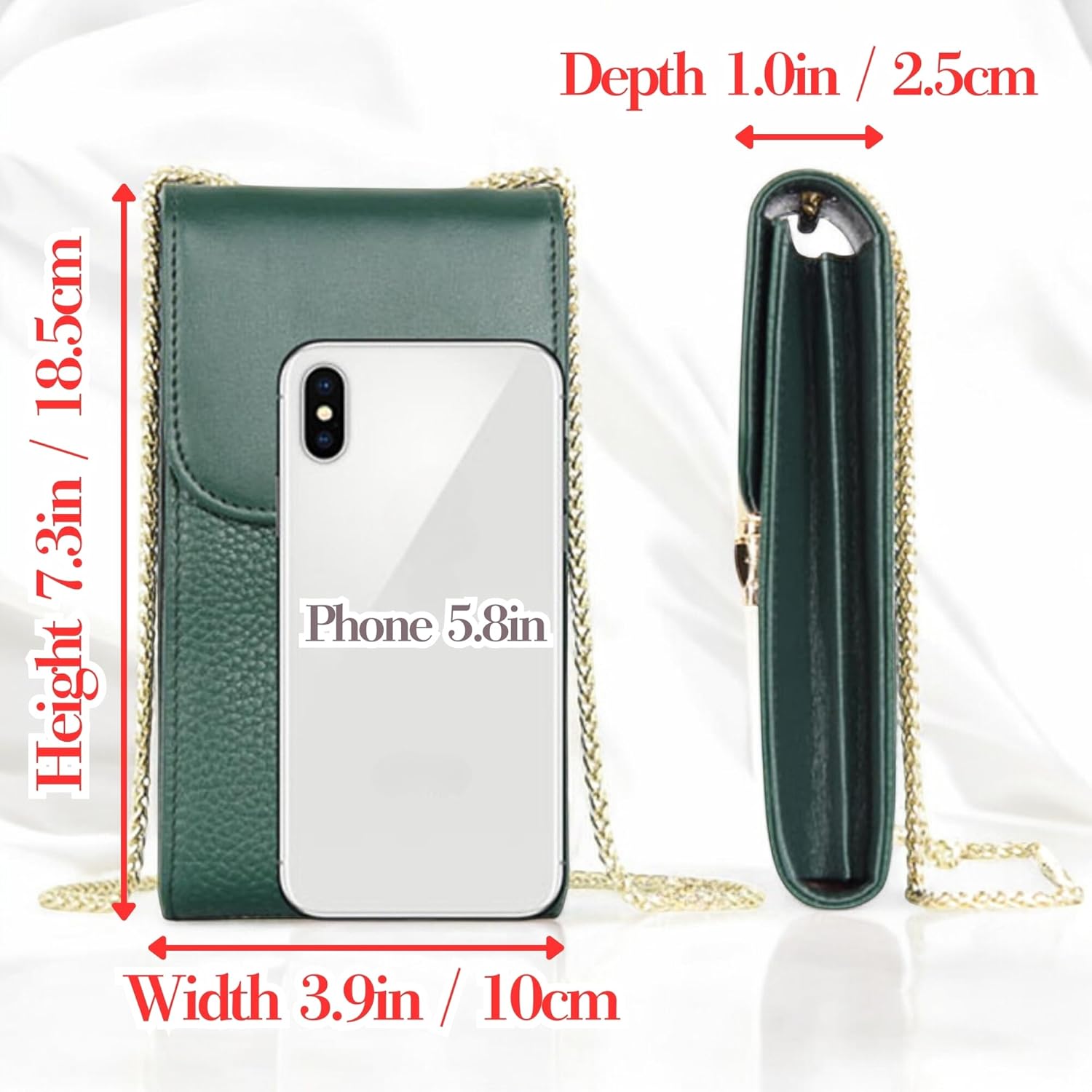Genuine Leather Small Gold Metal Chain Phone Crossbody Purse, Color Block Shoulder Card Slot Wallet Cellphone Bag with Bling Rhinestone Key Ring (Black)