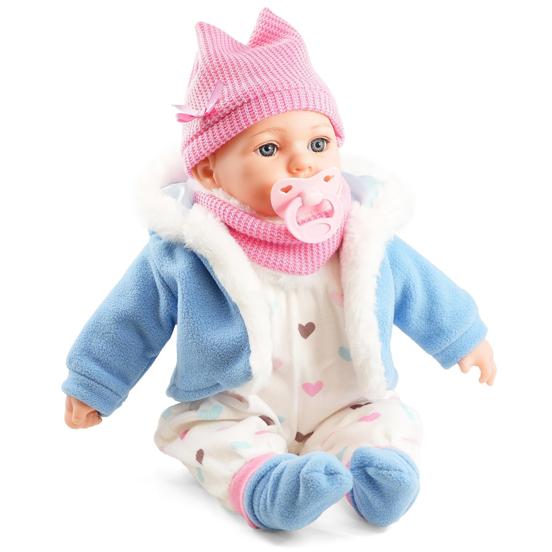 Bibi Doll 16'' Baby Girl Doll Louise with Sounds & Dummy - Soft Body Realistic Baby Doll in Blue Coat, Vinyl Limbs, Lifelike Blue Eyes Toy for Boys & Girls Aged 18 Months+