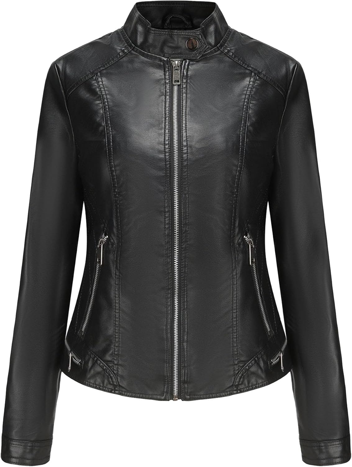 Women's Vintage Stand Collar Coat Faux Leather Slim Fit Motorcycle Coat Jacket Zip Up Casual Outdoor Coats
