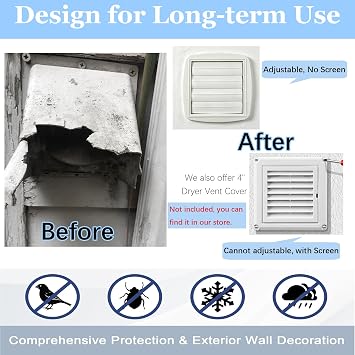 Amonk Adjustable Dryer Vent Cover Outside 4''/5''/6'' with User Manual, 1PC