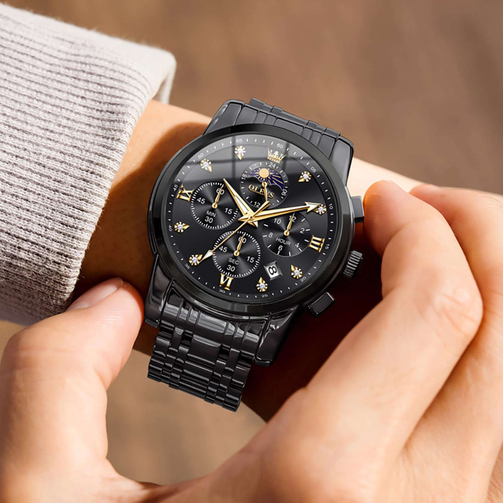 OLEVS Herren Chronograph Armbanduhr Quarz Edelstahl Analog Dual Time | Doppelte Zeitzone Uhren Herren, Leuchtzeigern, Mineralglas, Edelstahlarmband und 3ATM Wasserschutz für Reisen und Business